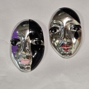 80s Vintage Pair Of Acrylic Plastic Silver Painted Harlequin Mask Brooches